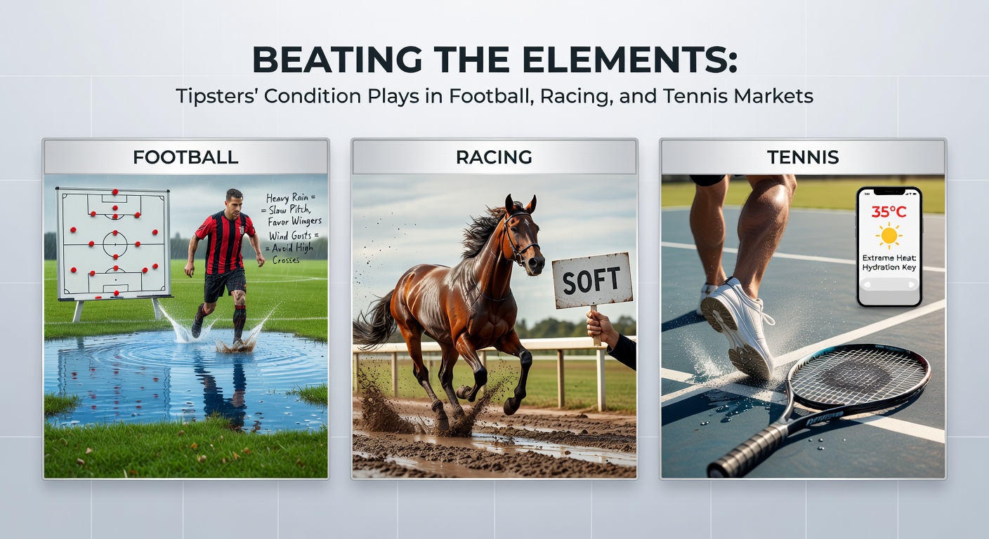 Tipster analyzing weather data for football pitch conditions alongside horse racing track reports and tennis court forecasts