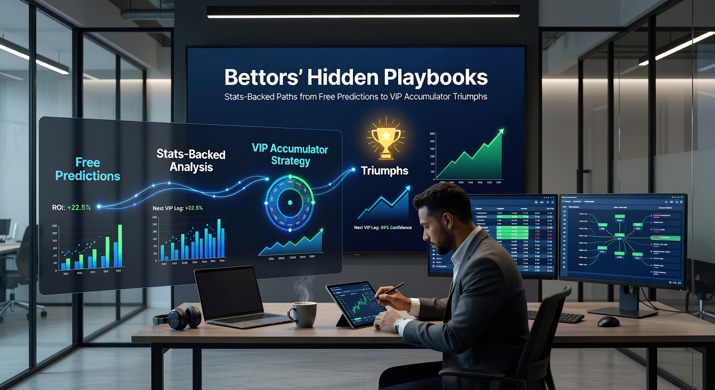 A VIP accumulator slip glowing on a mobile device amidst graphs of rising bankrolls and strike rate trends, symbolizing the triumphant upgrade for savvy bettors