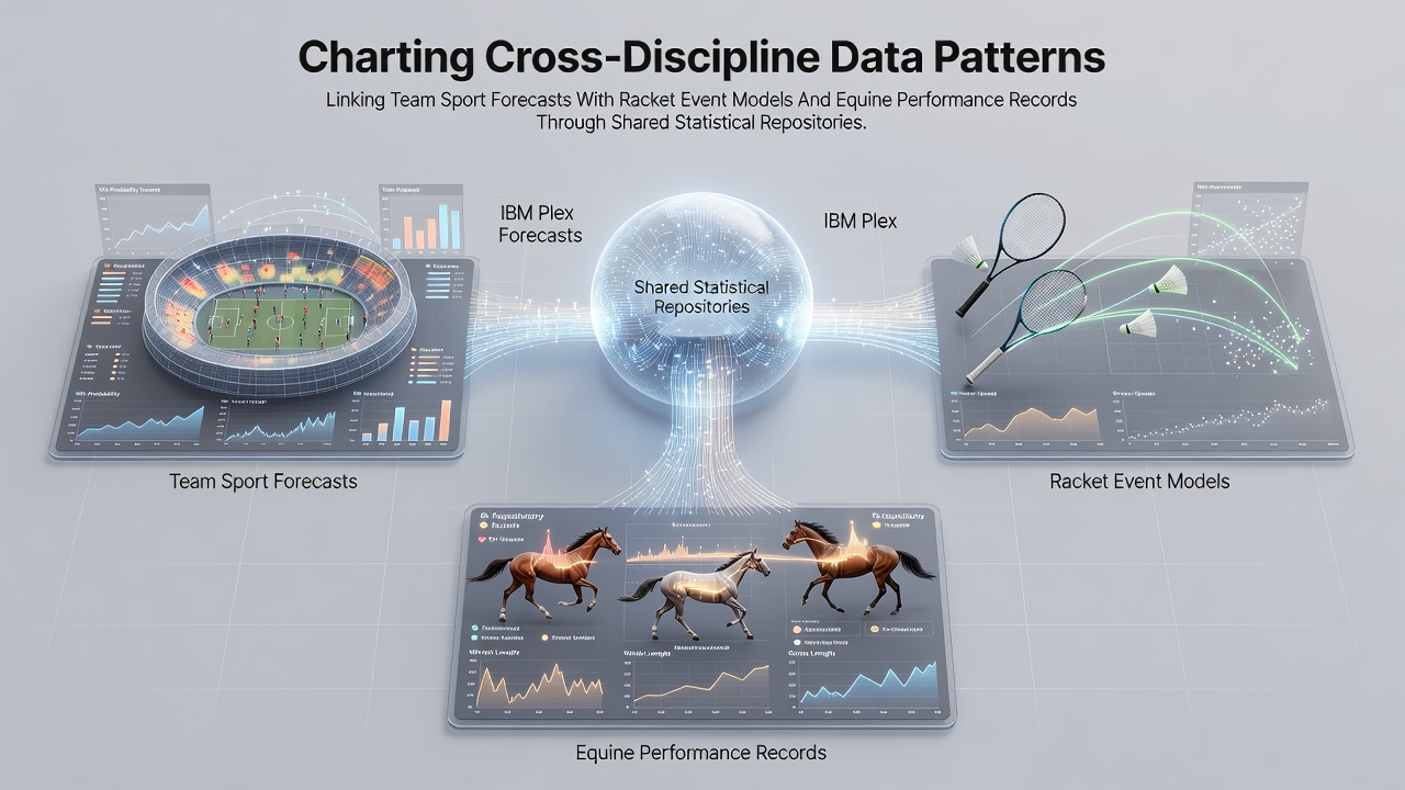 Visualization of cross-discipline sports data patterns connecting football forecasts, tennis models, and horse racing records in shared repositories