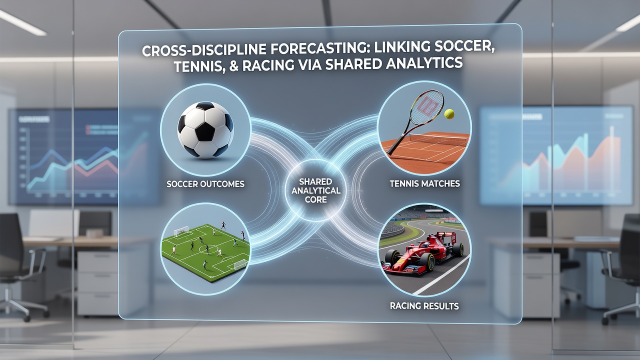 Machine learning workflow diagrams showing data flow from soccer, tennis, and racing inputs to unified prediction outputs