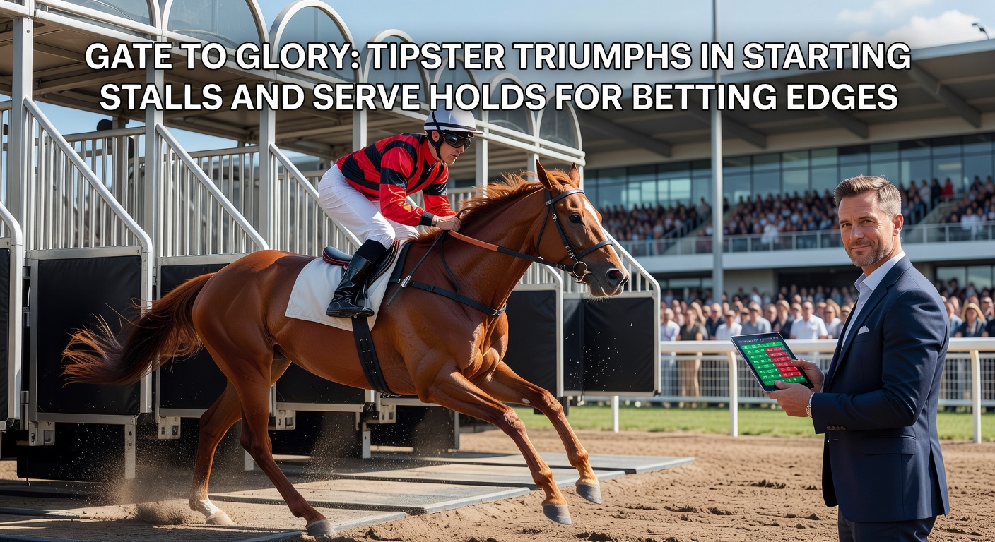 Horse racing starting stalls burst open at a major track, highlighting tipster data overlays on gate draw advantages during a thrilling sprint race
