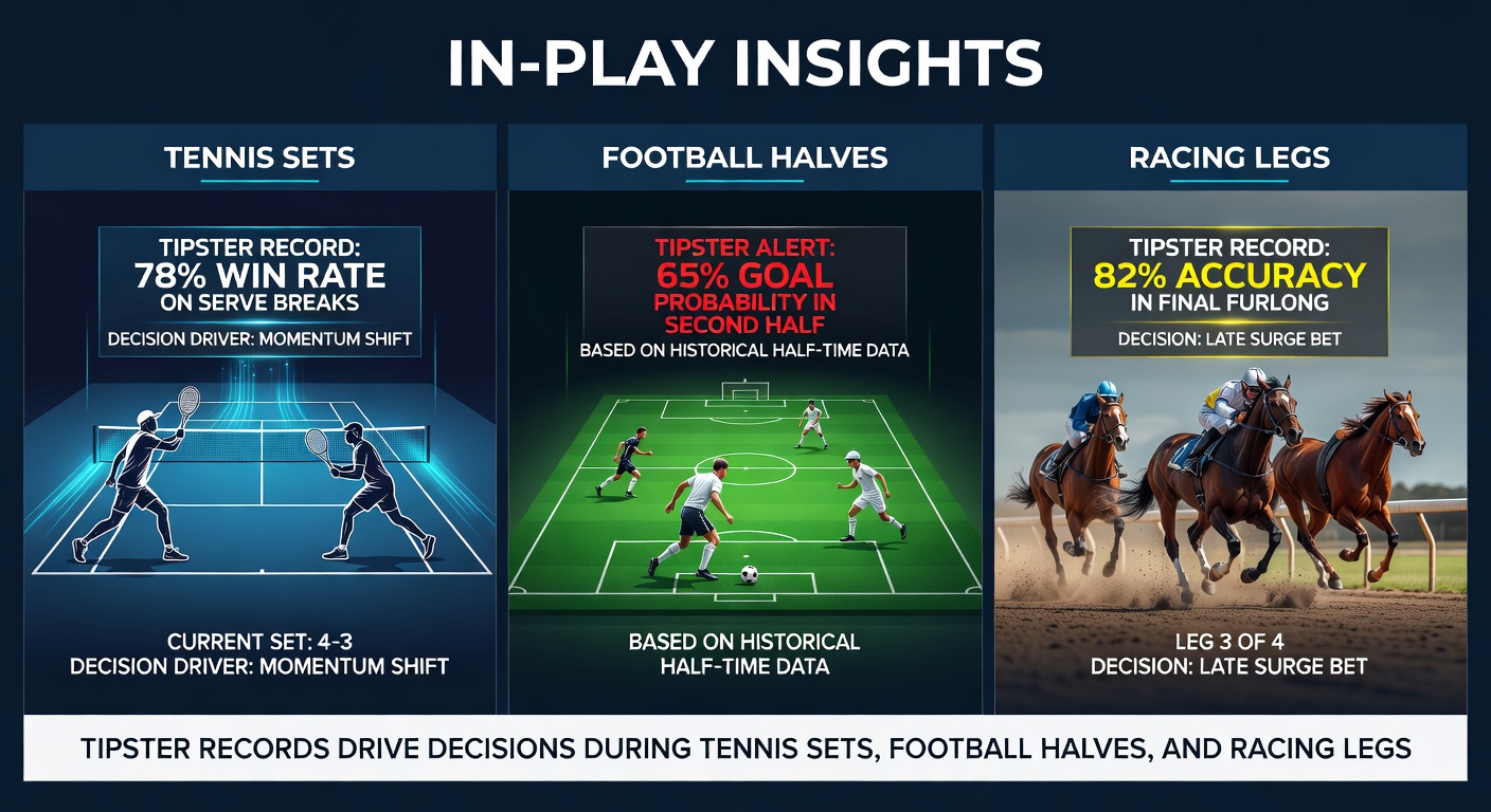 Tipster dashboard displaying live tennis set stats alongside football half-time data and horse racing leg trackers, highlighting real-time performance records