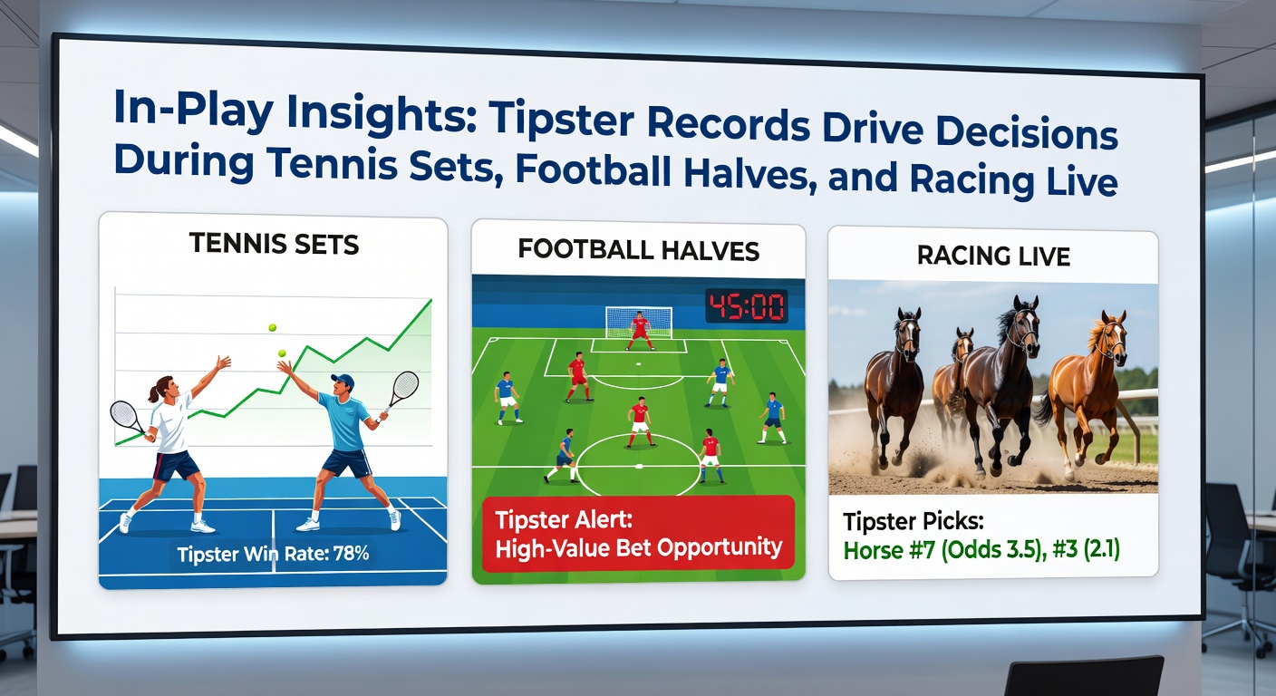 Split-screen view of a football halftime analysis board next to tipster records graphing second-half goals, with overlaid racing leg progress bars