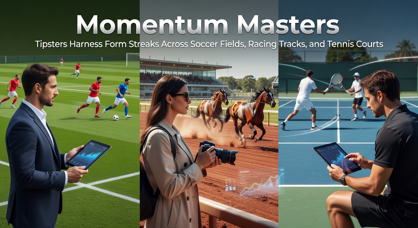 Tipsters poring over charts of winning streaks in soccer matches, horse races, and tennis rallies, highlighting momentum patterns on digital screens