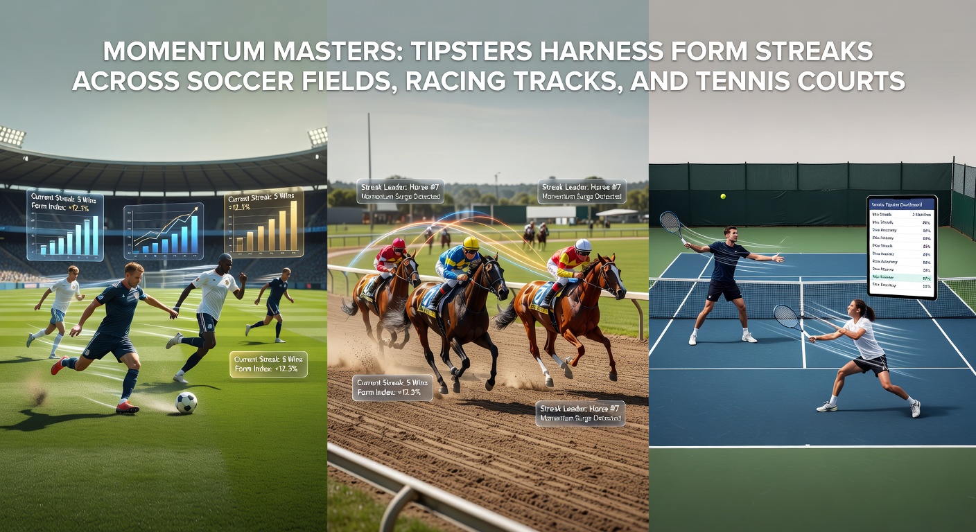 Horse racing scene with a streak of winners crossing the finish line ahead of the pack, overlaid with graphs showing trainer and jockey form streaks