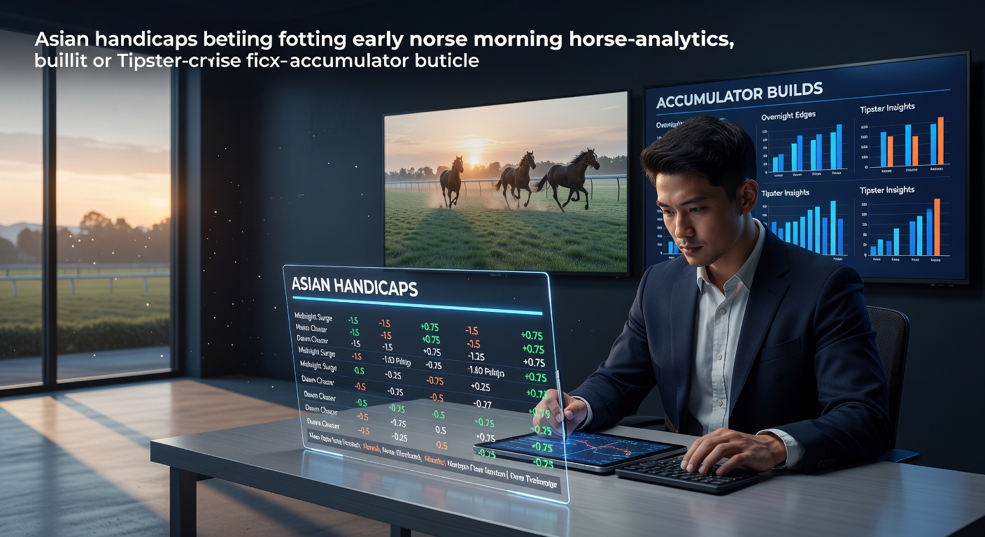 Tipster dashboard displaying Asian handicap odds alongside early dawn horse racing schedules, highlighting accumulator chains