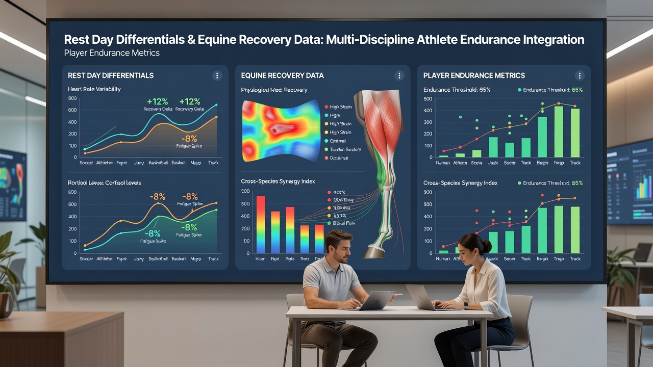 Data dashboards displaying equine recovery timelines alongside athlete endurance metrics for selection planning