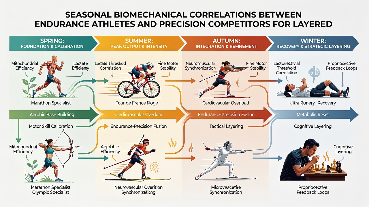 Biomechanical sensors and seasonal performance charts for layered athletic event selections