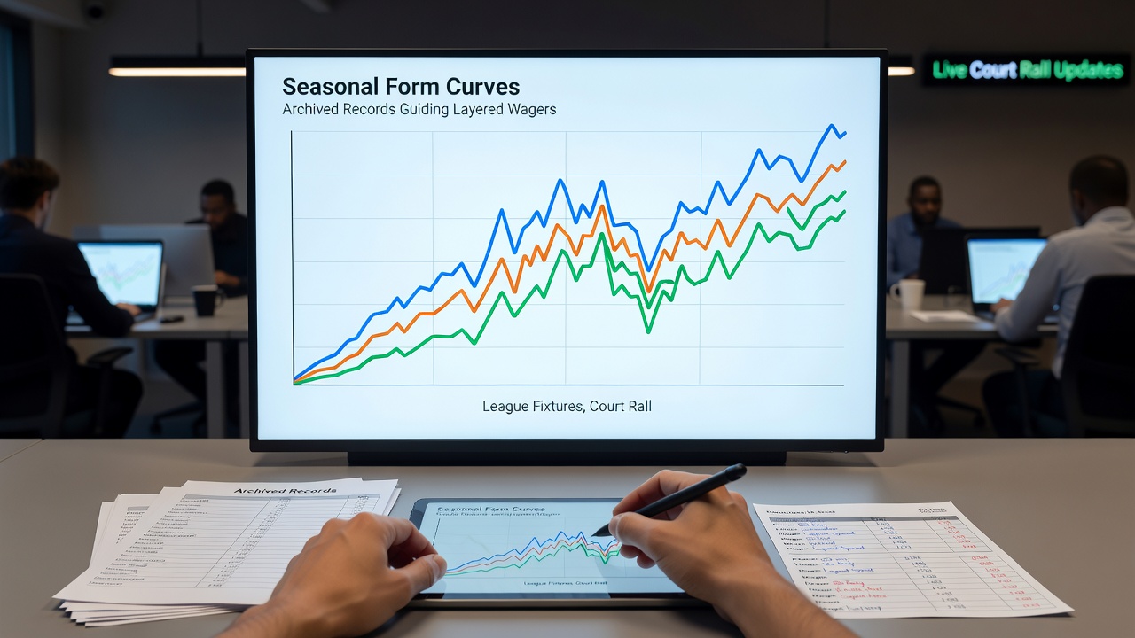 Layered betting charts illustrating cross-sport accumulator construction using historical seasonal data