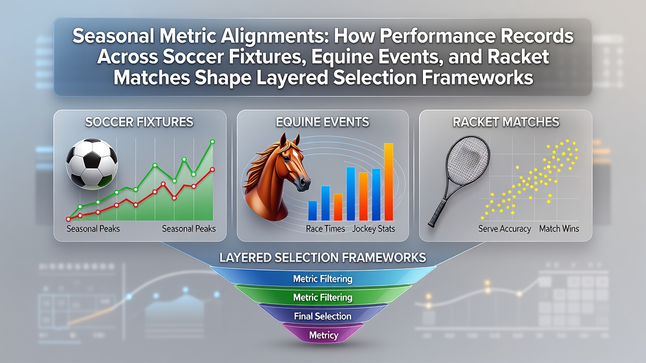 Performance data charts showing soccer fixtures, equine racing metrics, and racket sports records aligned across seasonal timelines