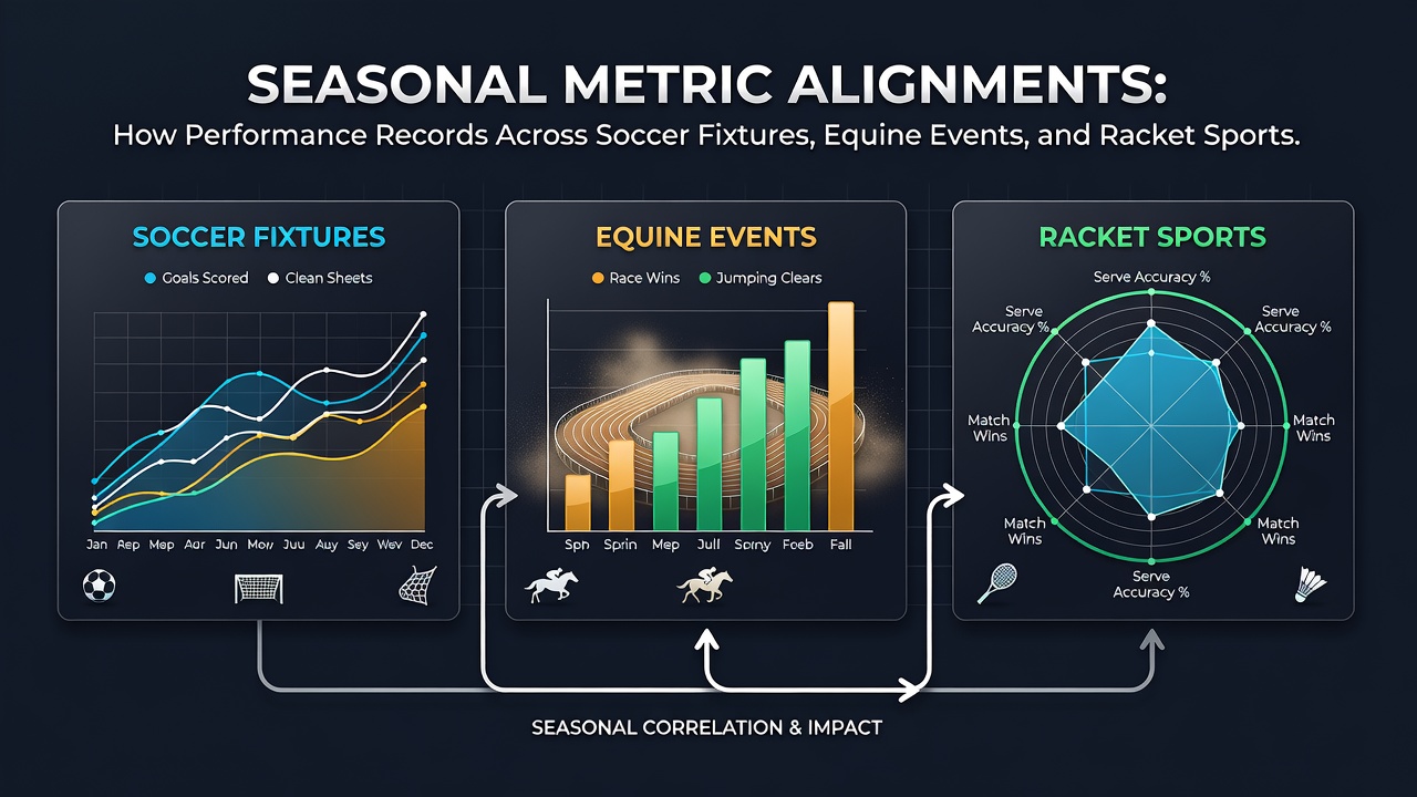 Layered analytics dashboard displaying cross-sport performance alignments for soccer, horse racing, and tennis