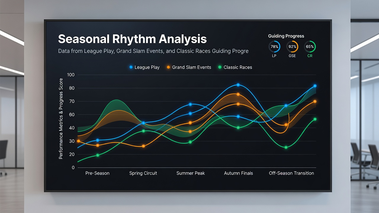 Comparative graphs of seasonal performance metrics in football, tennis, and horse racing