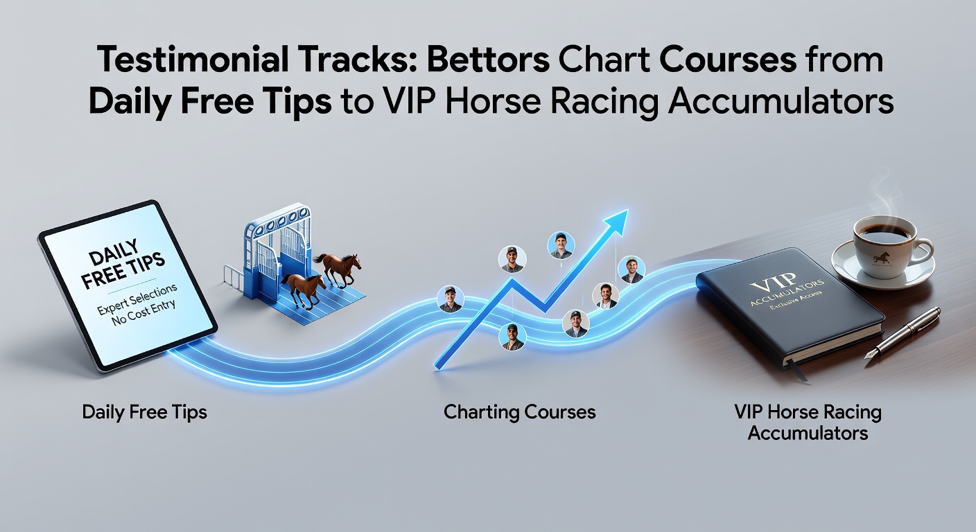 Bettors reviewing tipster performance charts on a digital dashboard, highlighting progression from free tips to high-stakes accumulators