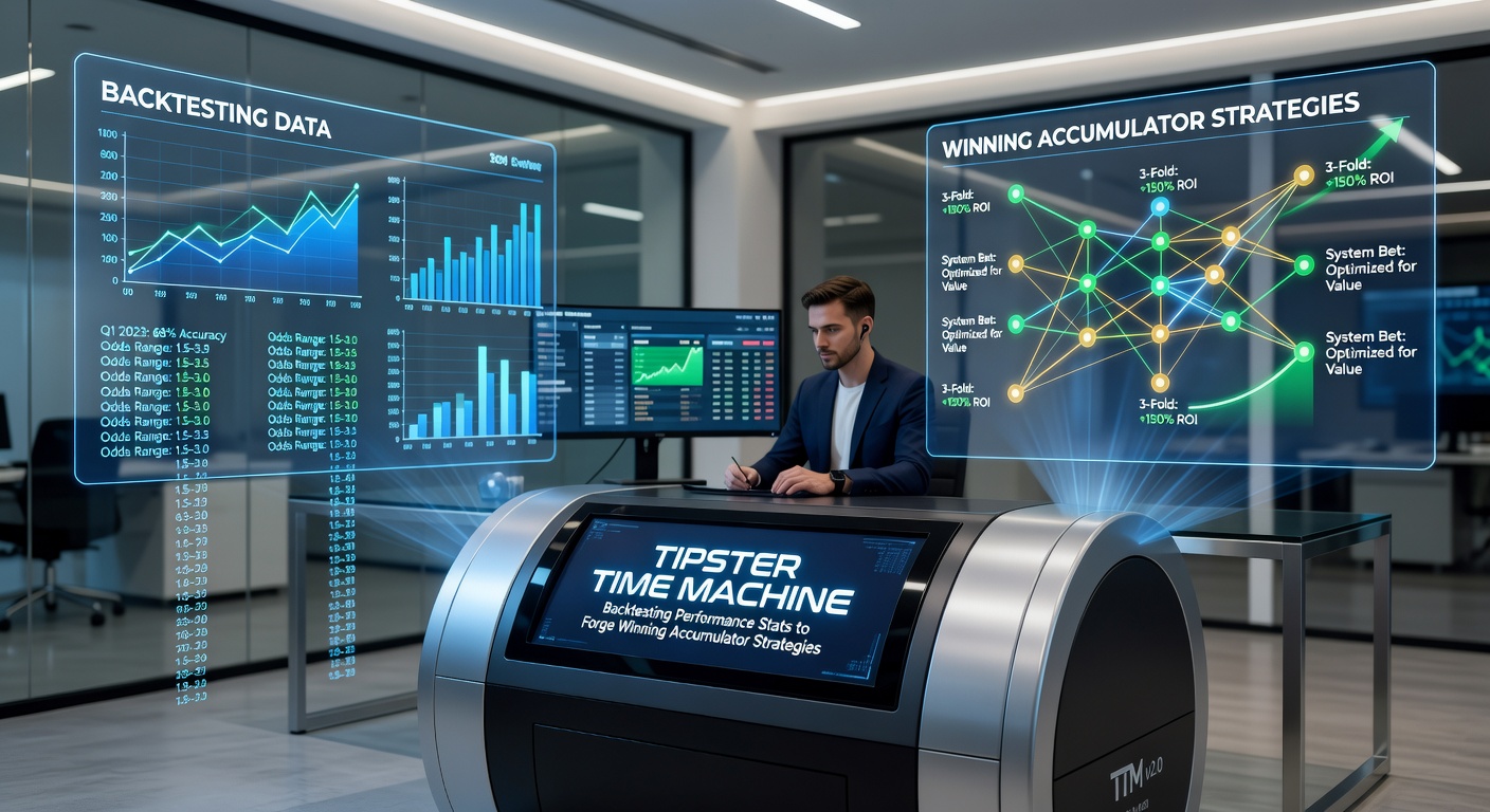 Detailed backtest dashboard displaying accumulator profit graphs, strike rates, and ROI trends for horse racing and football tips over five years