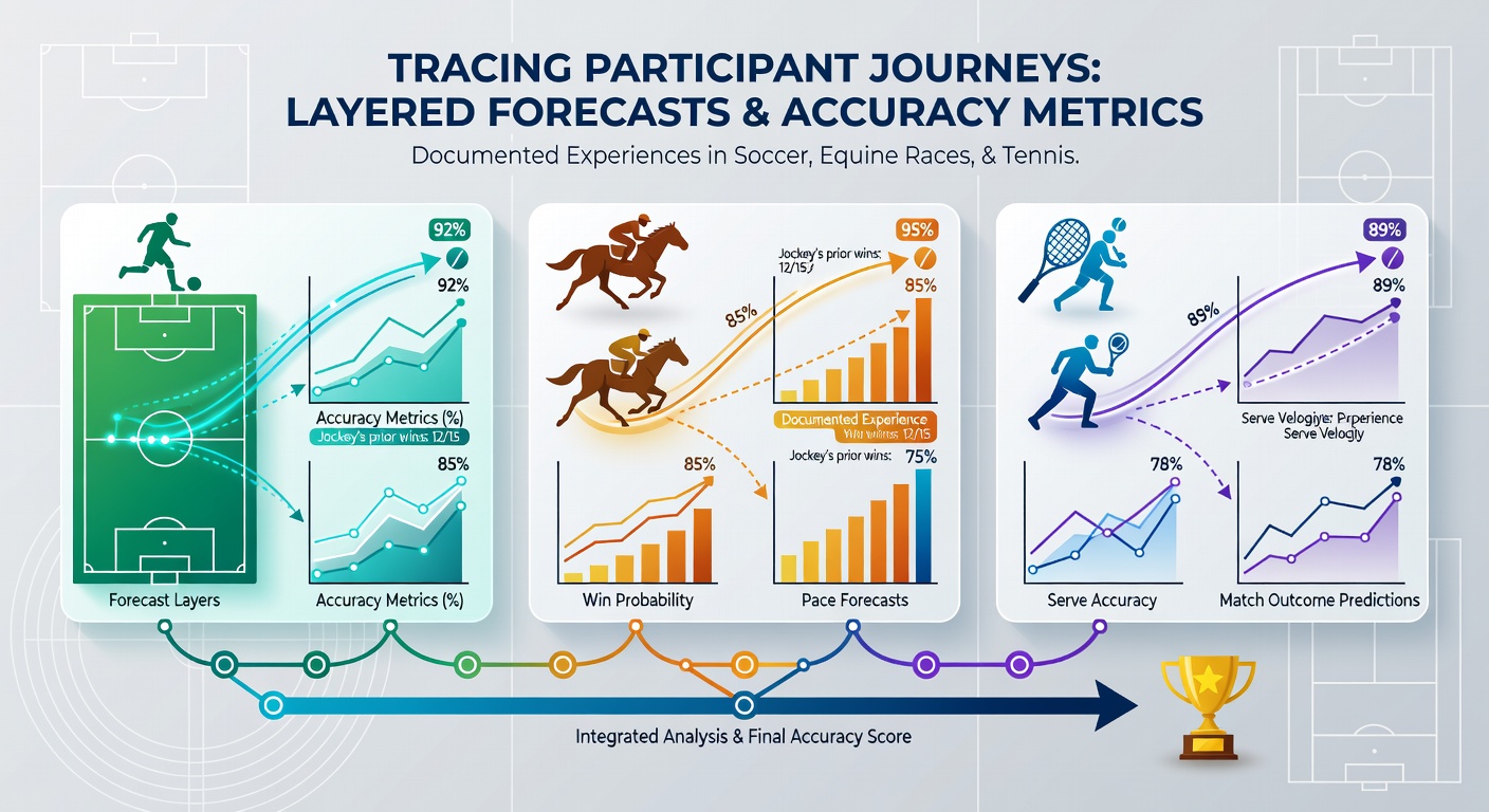Visual representation of participant journeys mapped across layered forecasts in soccer, horse racing, and tennis events