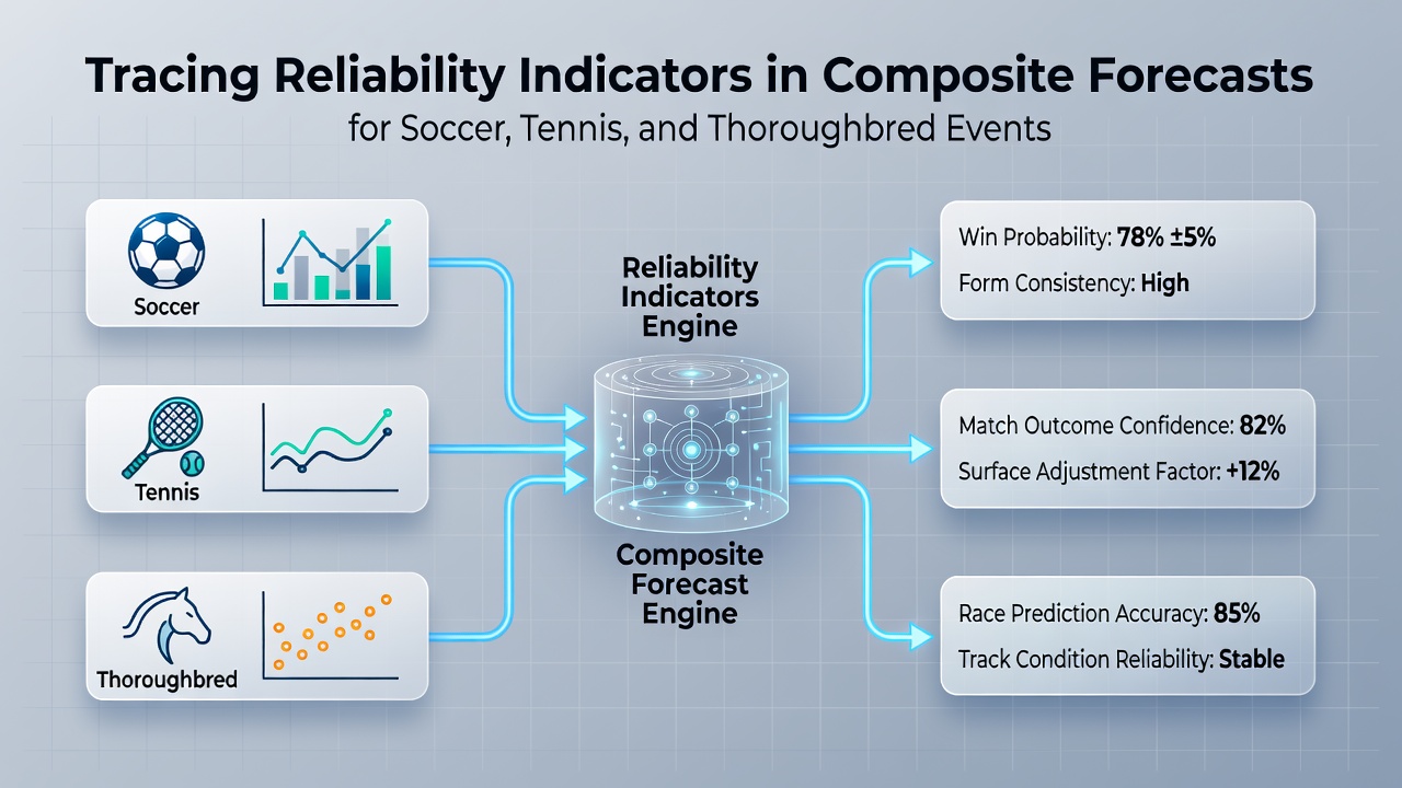 Composite forecast charts showing reliability metrics across soccer, tennis, and thoroughbred racing events in August 2026