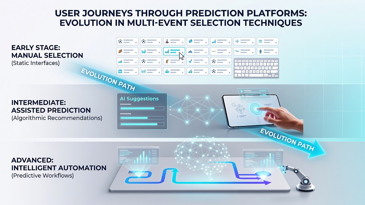 Analytics dashboard showing user progression through multi-event prediction selections over time