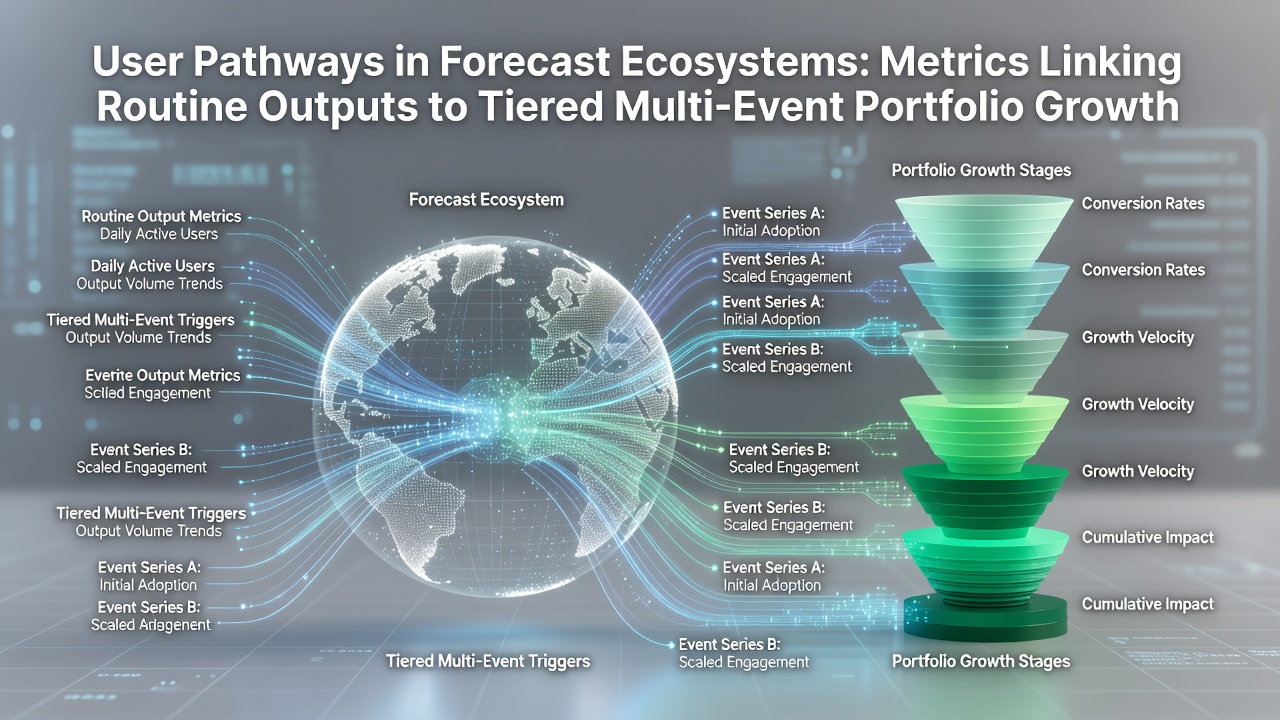 Diagram showing user progression through forecast ecosystem stages with metrics overlays