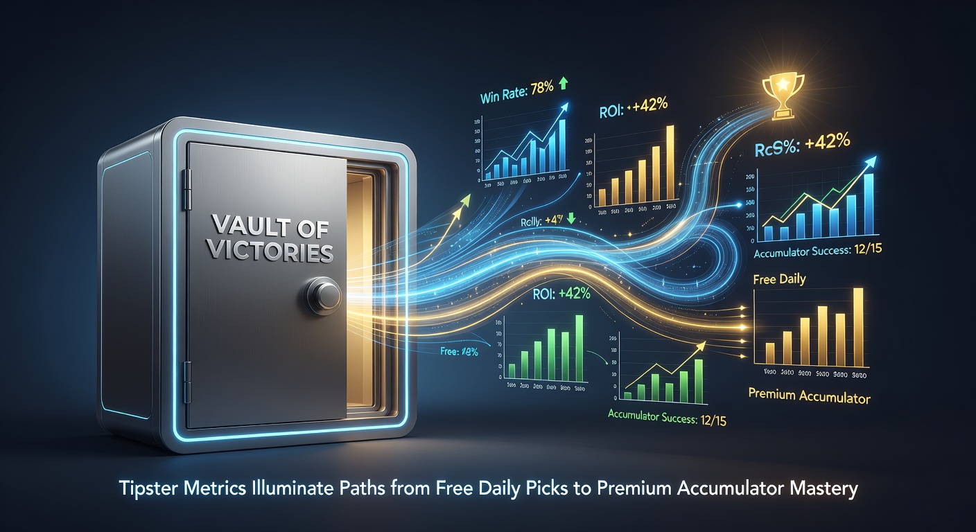 Tipster dashboard displaying metrics for free picks transitioning to premium accumulators, with graphs showing ROI growth over time