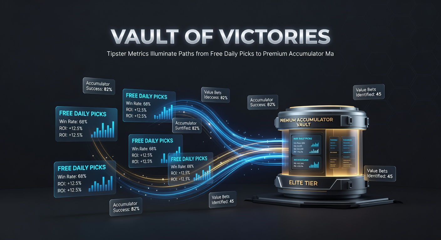 Graph illustrating tipster progression: free pick strike rates leading to premium accumulator ROI peaks, with April 2026 data highlights